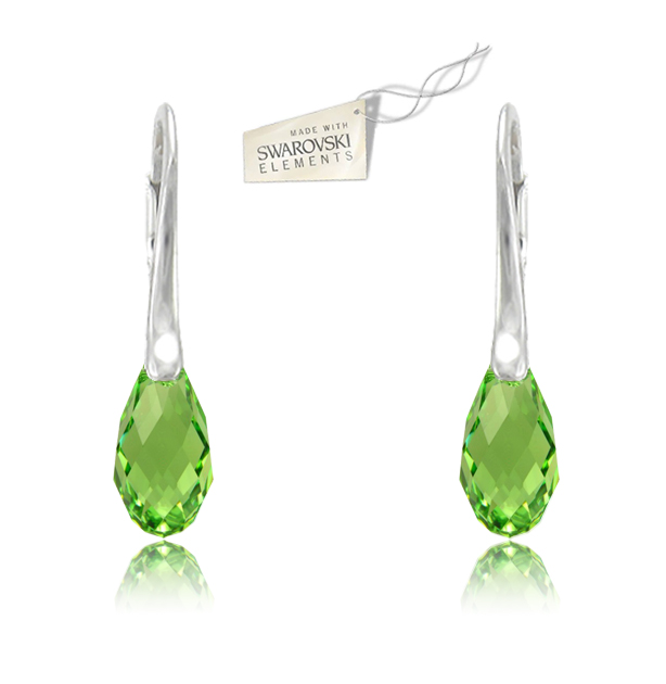 Strieborné náušnice Briolette 13mm svetlozelenej farby Peridot