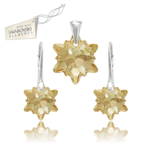 Strieborný set alpský kvet Edelweis šampanskej farby Crystal Golden Shadow