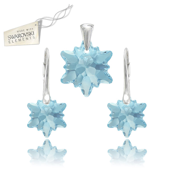 Strieborný set alpský kvet Edelweis modrej farby Aquamarine