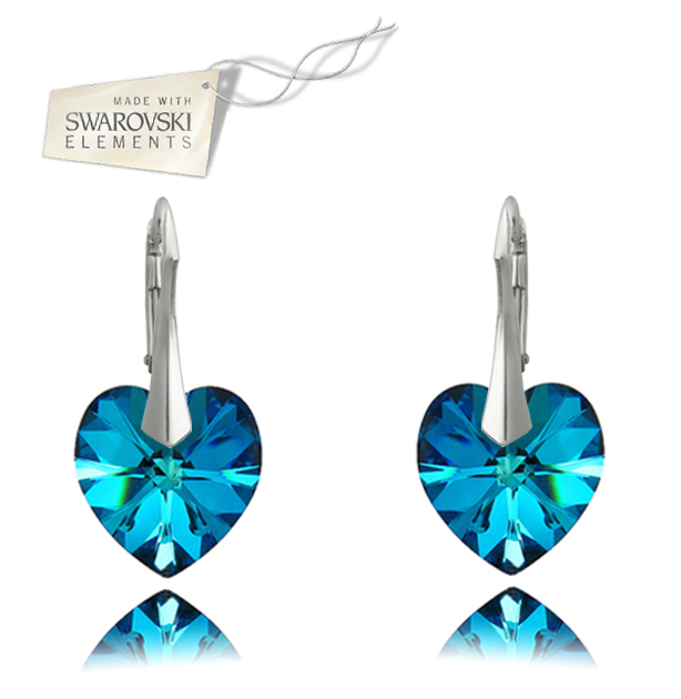 Strieborné náušnice srdce modrej farby Crystal Bermuda Blue