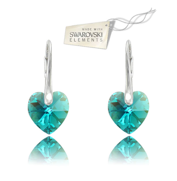 Swarovski náušnice srdiečko 10mm tyrkysovej farby Blue Zircon