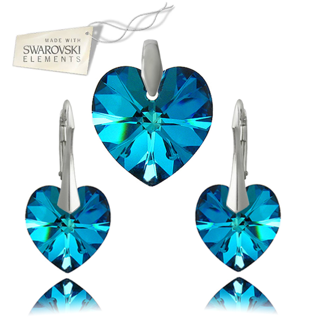 Strieborný set srdce modrej farby Crystal Bermuda Blue